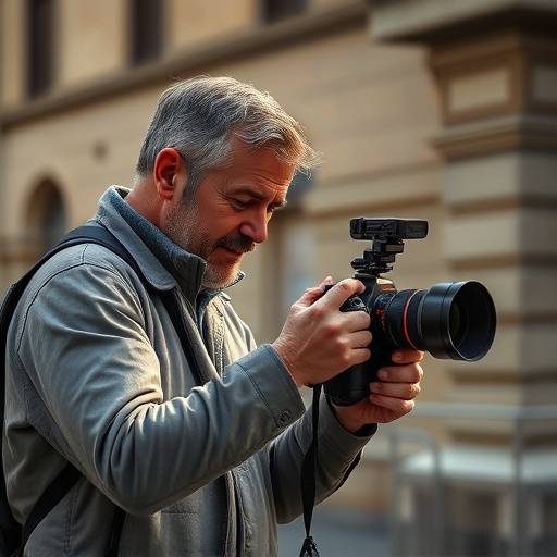 Alessandro Rossi, fotografo professionista di Arte Luce, durante un servizio fotografico all'aperto a Firenze