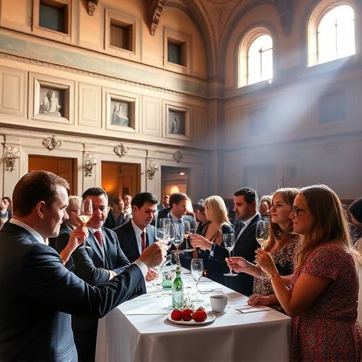Fotografia di un evento aziendale presso Palazzo Vecchio, Firenze, con persone che interagiscono e brindano