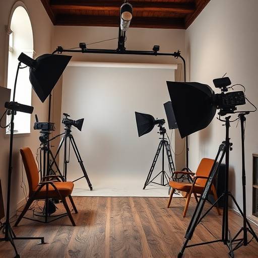 Interno dello studio fotografico Arte Luce a Firenze, con attrezzature professionali e luci soffuse